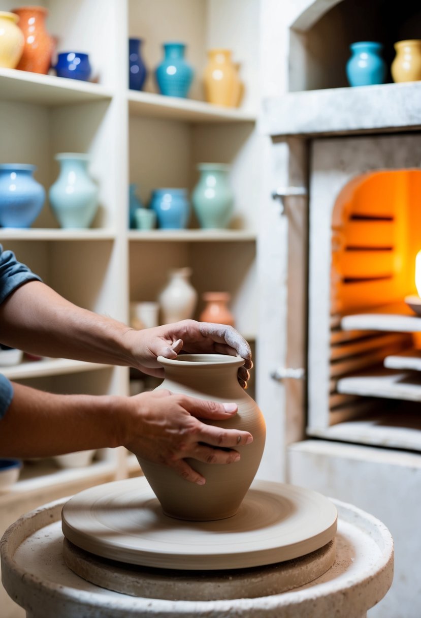 A pottery wheel spins as hands shape clay into a vase. Shelves display colorful finished pieces, while a kiln glows in the corner