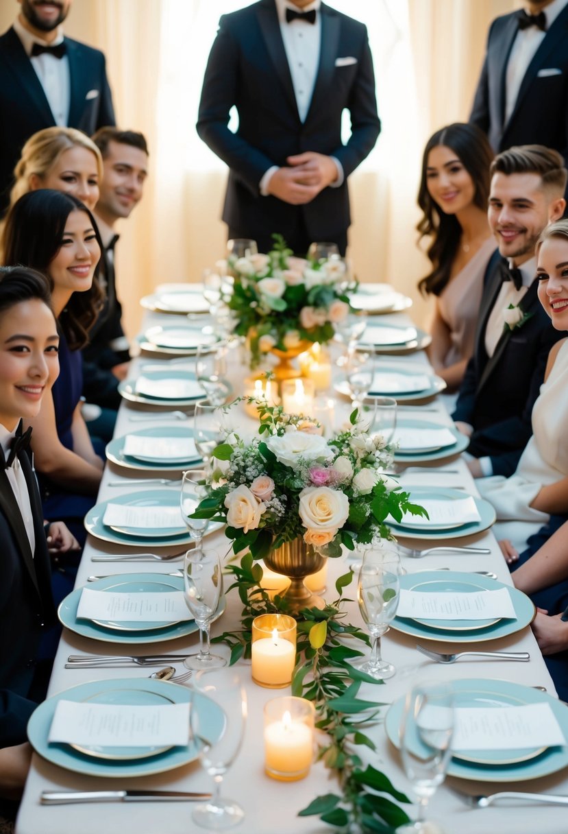 A beautifully set table with elegant place settings, a centerpiece of fresh flowers, and soft candlelight, surrounded by friends dressed in formal attire