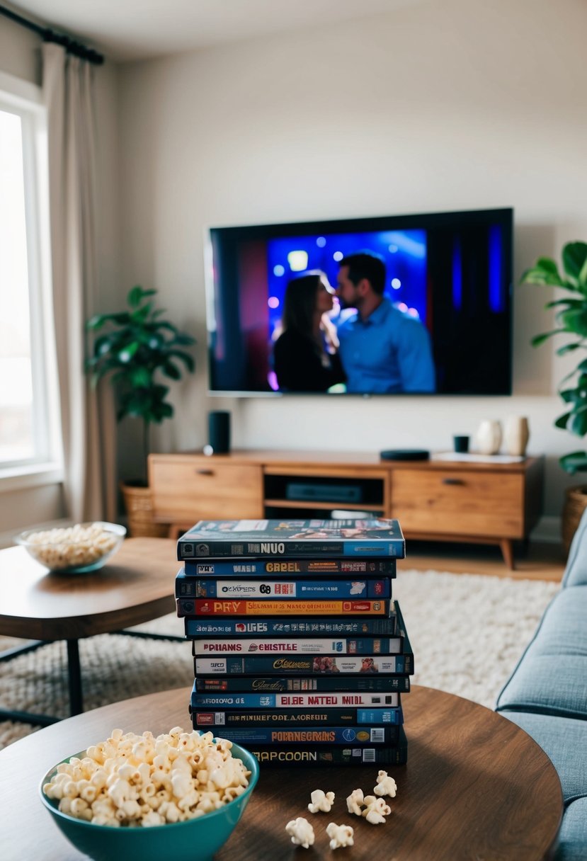 A cozy living room with a big screen TV, a stack of DVDs from the year the couple met, and a bowl of popcorn on the coffee table