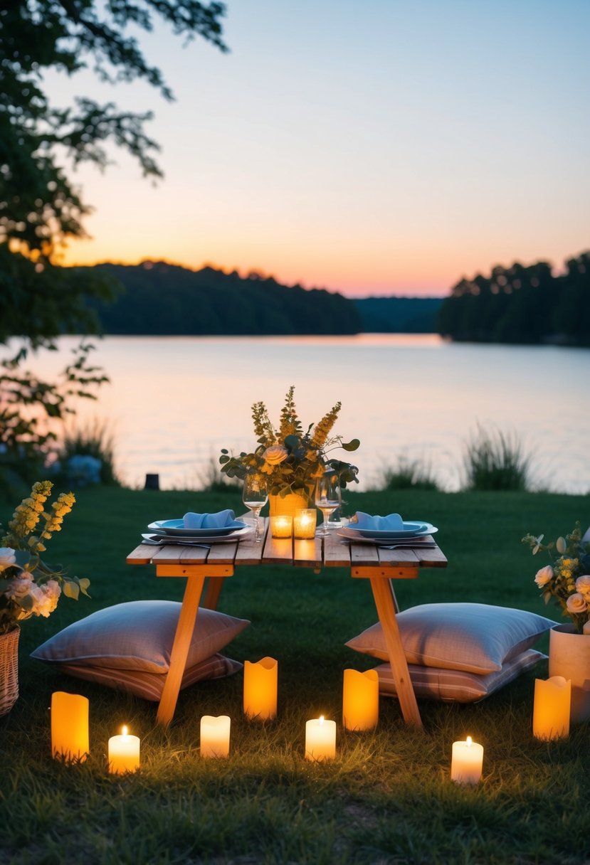 A cozy outdoor picnic with a table set for two, surrounded by flowers and candles, overlooking a serene lake at sunset