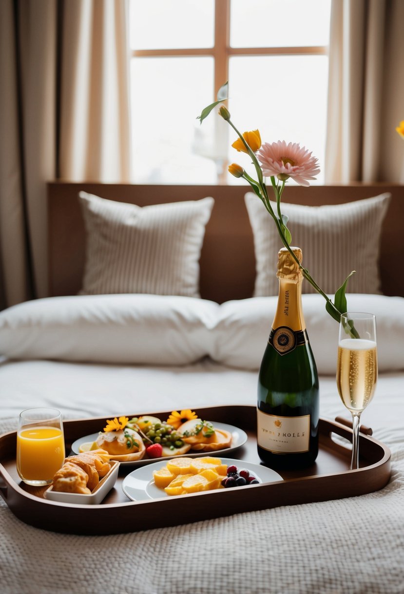 A cozy bed with a tray of breakfast foods, flowers, and a bottle of champagne