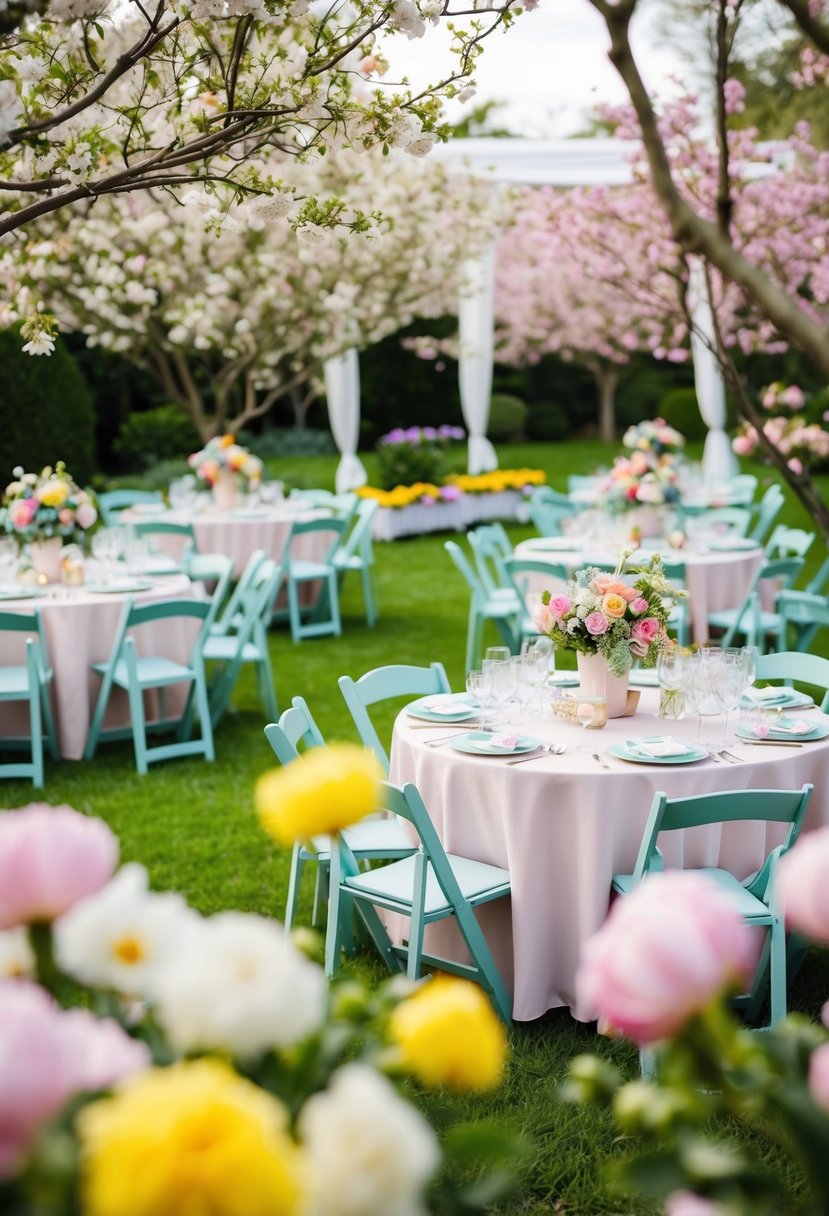 A garden filled with blooming flowers, pastel decorations, and tables set for a spring wedding shower