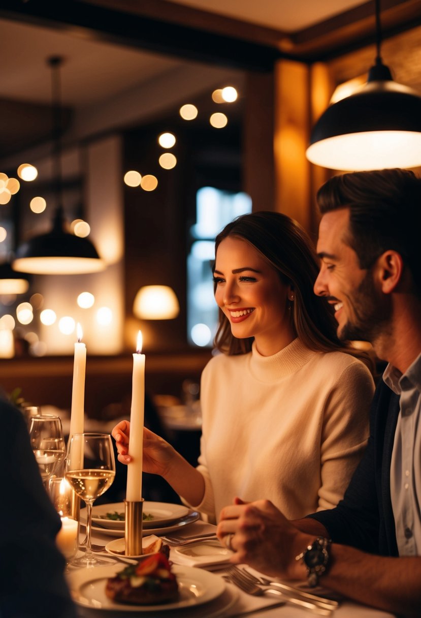 A couple enjoying a candlelit dinner at a cozy restaurant, surrounded by soft lighting and romantic ambiance