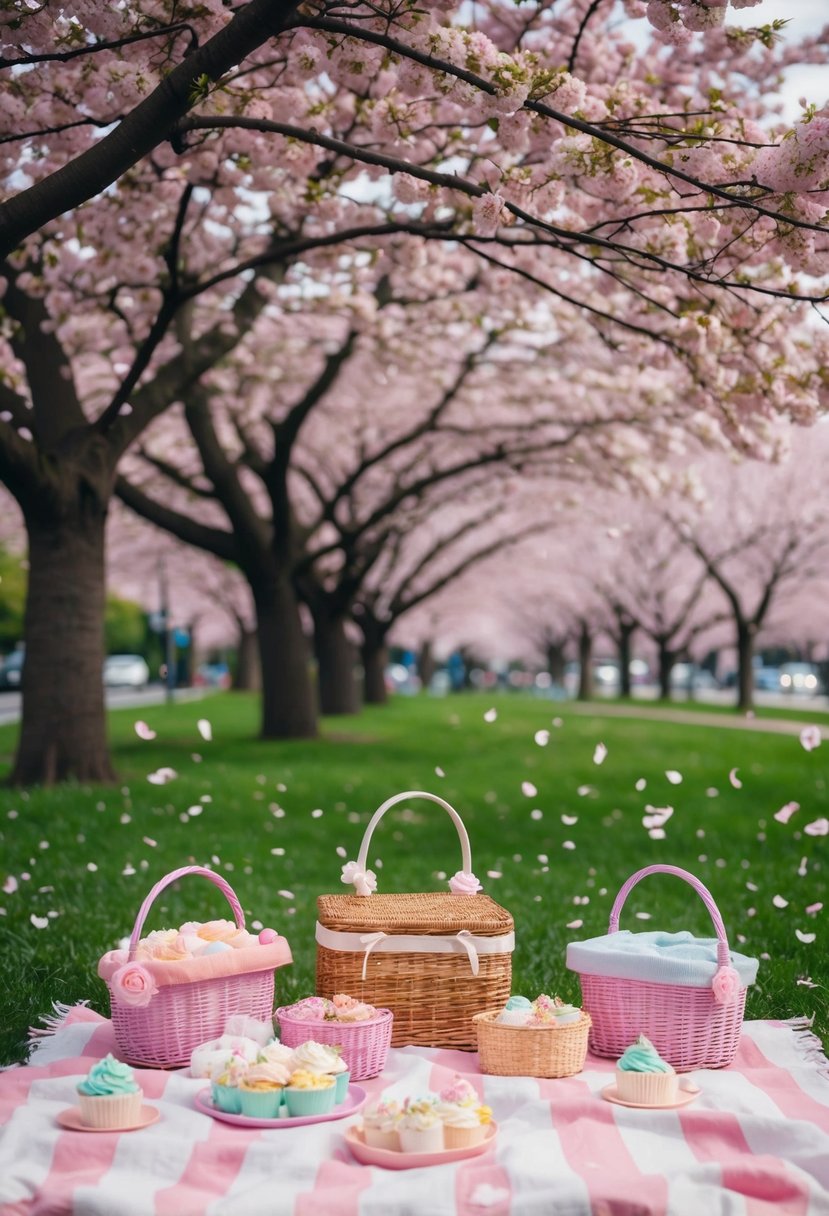 A picnic blanket under blooming cherry blossom trees with scattered petals, surrounded by baskets of pastel-colored treats and floral decorations