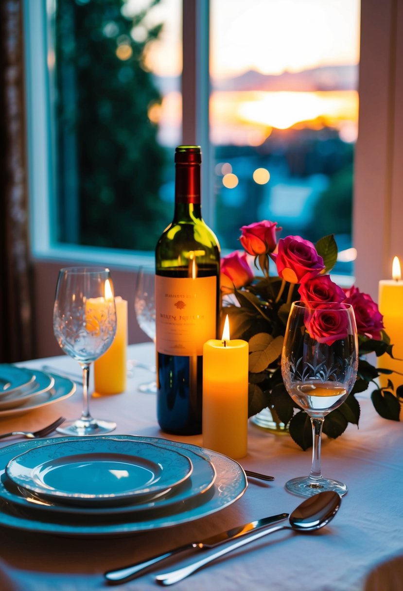 A candlelit table set with fine china, a bottle of wine, and a bouquet of roses. Soft music plays in the background as the sun sets outside the window