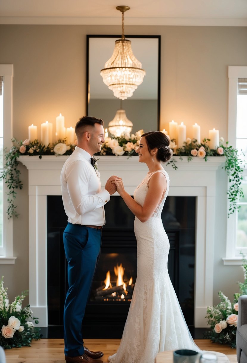 A couple stands in front of a cozy fireplace, surrounded by candles and flowers, as they renew their vows at home for their 21st wedding anniversary