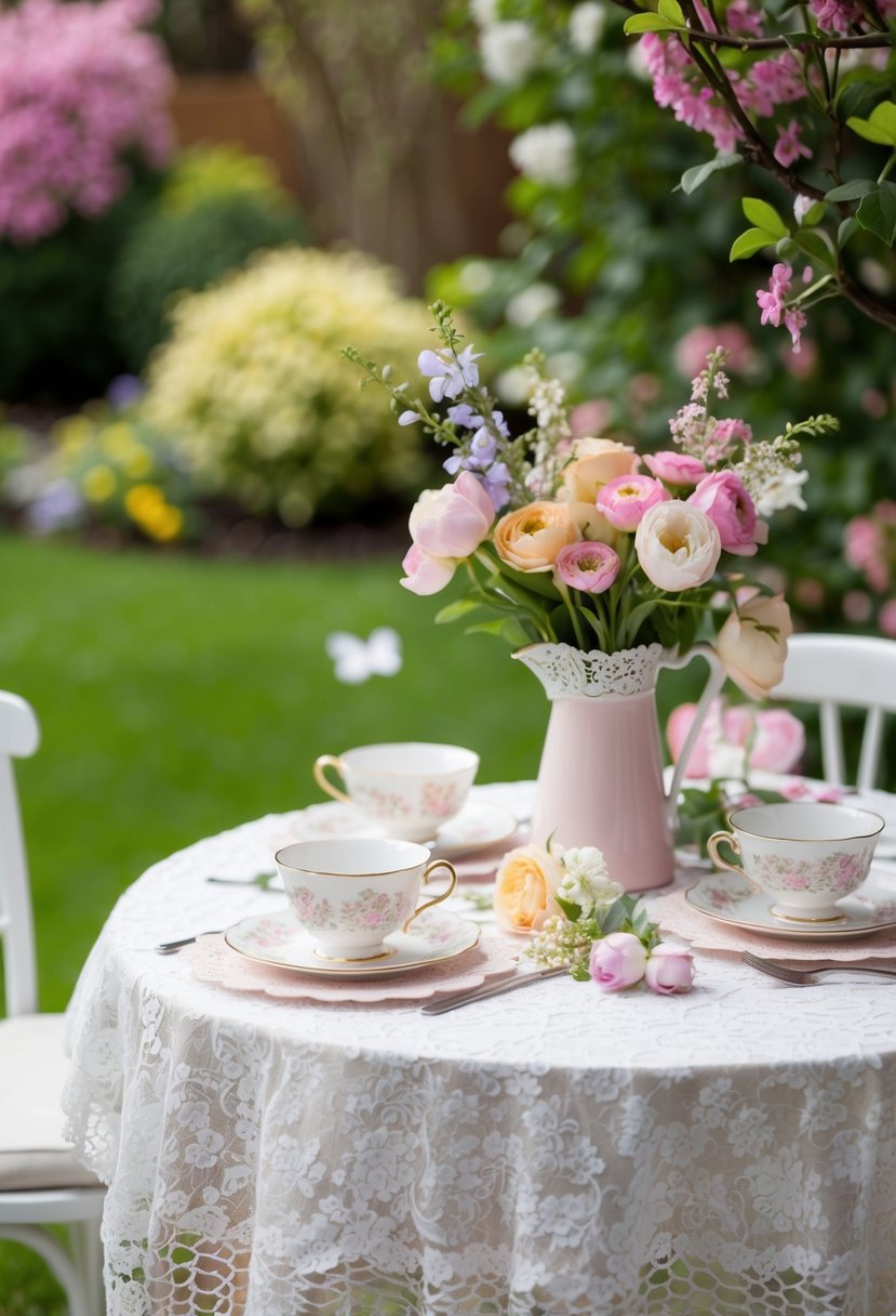 A charming garden setting with blooming flowers, delicate tea cups, and a lace-covered table adorned with pastel-colored decor for a spring wedding shower