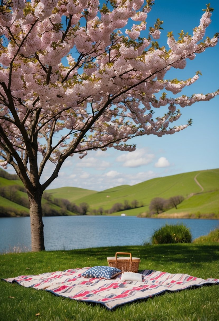 A cozy picnic blanket spread out under a blooming cherry blossom tree, surrounded by rolling green hills and a serene lake