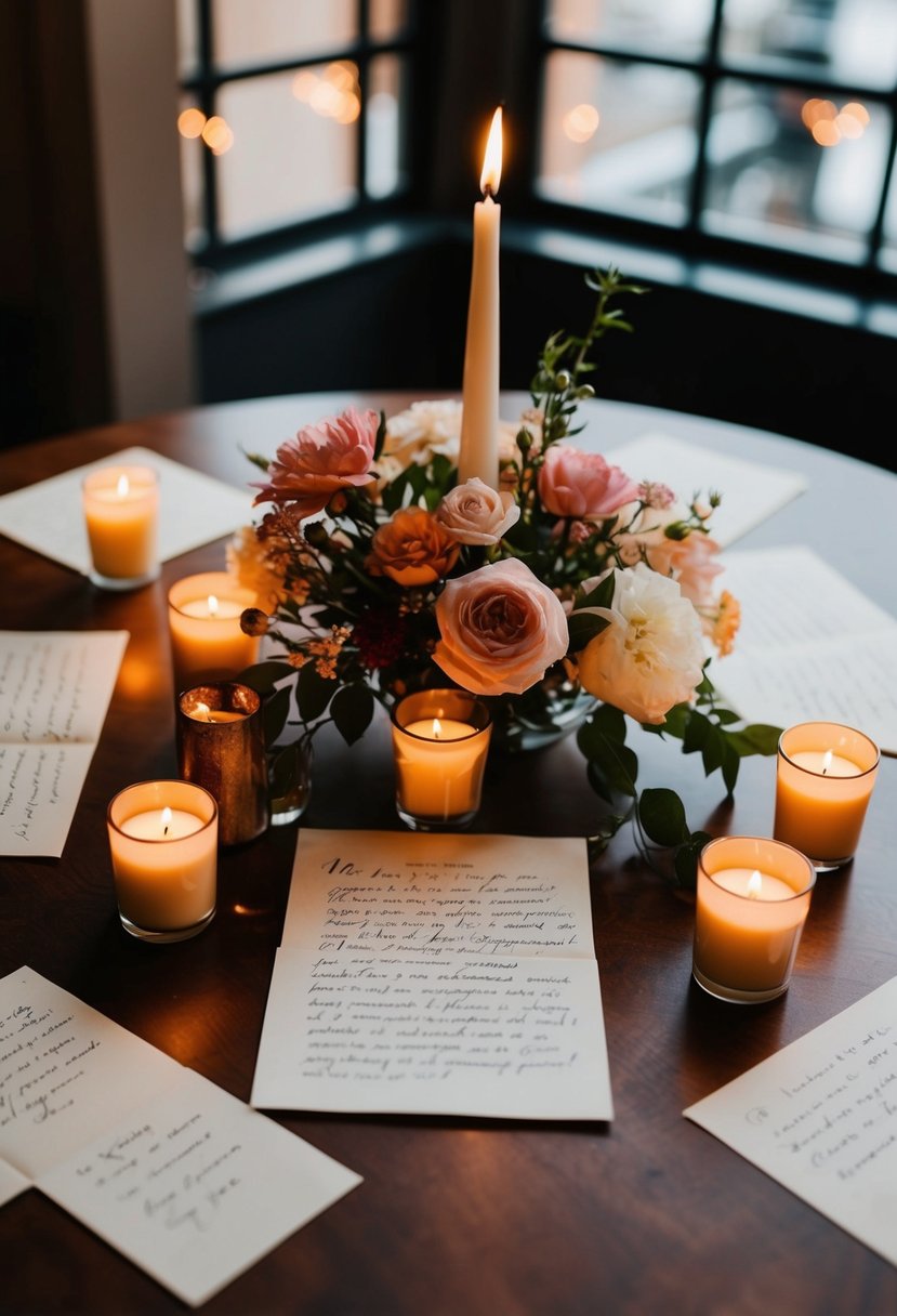 A table set with handwritten love letters, surrounded by candles and flowers