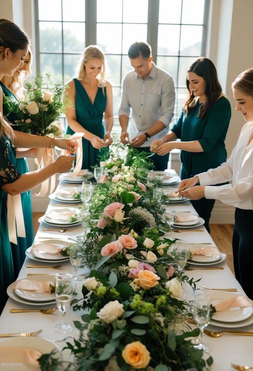 A table set with assorted flowers, ribbons, and greenery. A group of people arranging garlands and bouquets. Sunlight streams through the windows