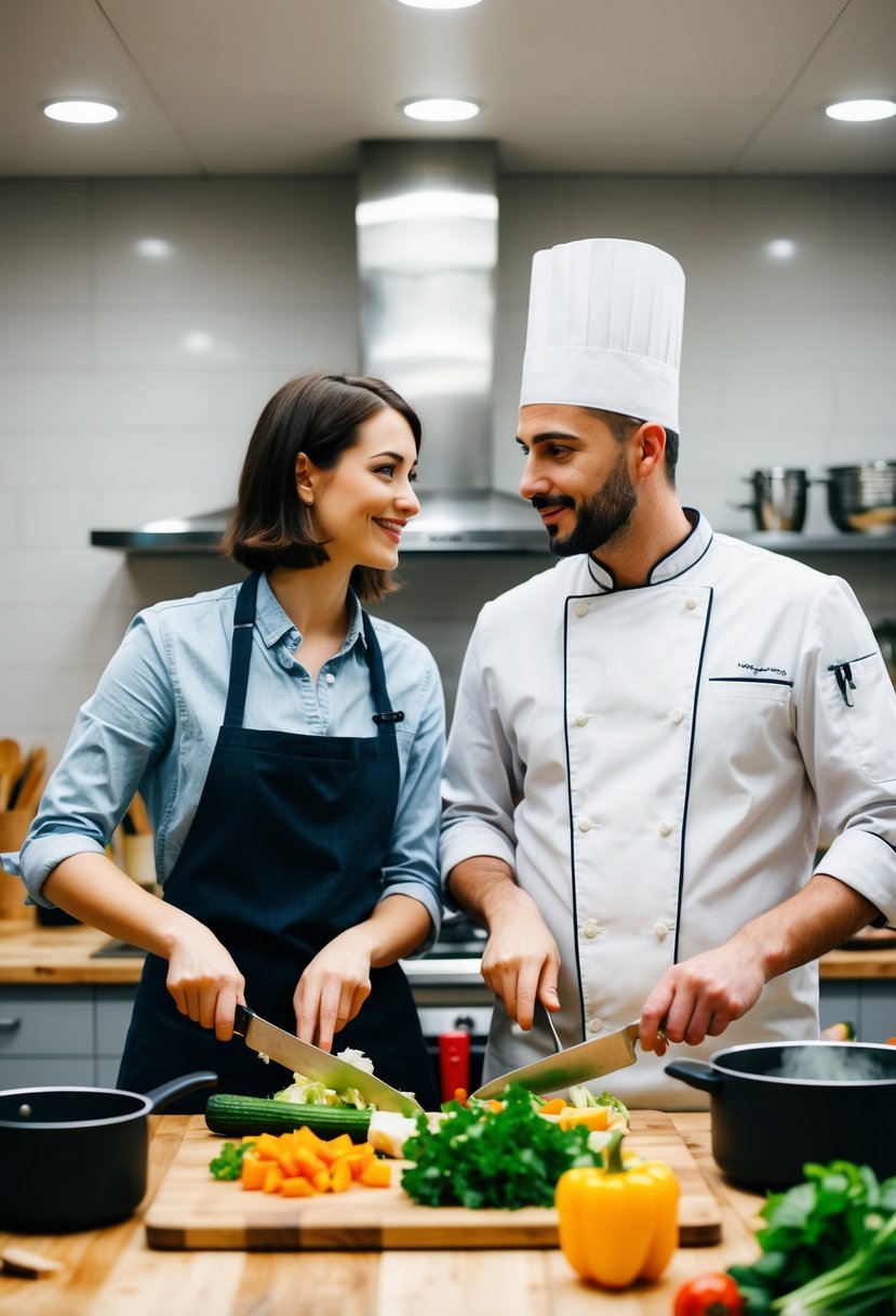 A couple stands side by side at a kitchen counter, chopping vegetables and stirring pots as a chef instructs them in a cooking class