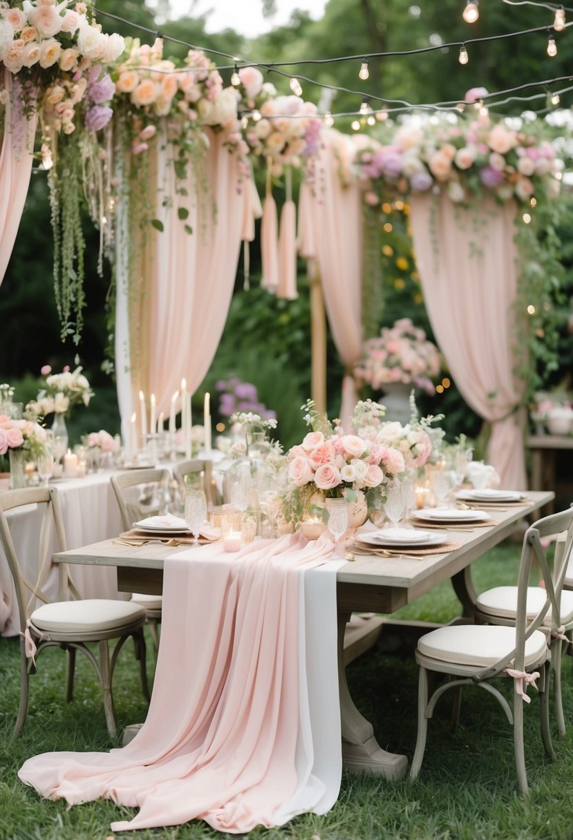 A whimsical garden party with pastel florals, draped fabrics, and twinkling lights. A mix of vintage and bohemian decor creates an ethereal atmosphere