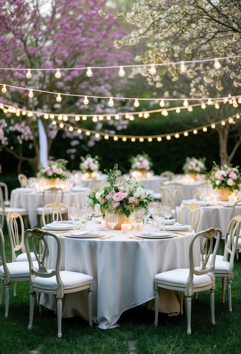 A lavish garden party with elegant floral decor, string lights, and vintage furniture, set against a backdrop of blooming spring flowers