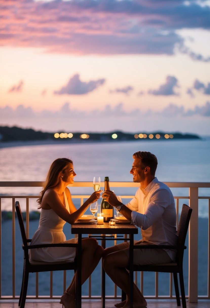 A couple enjoying a romantic dinner on a private balcony overlooking a serene beach at sunset, with a bottle of champagne and candles on the table