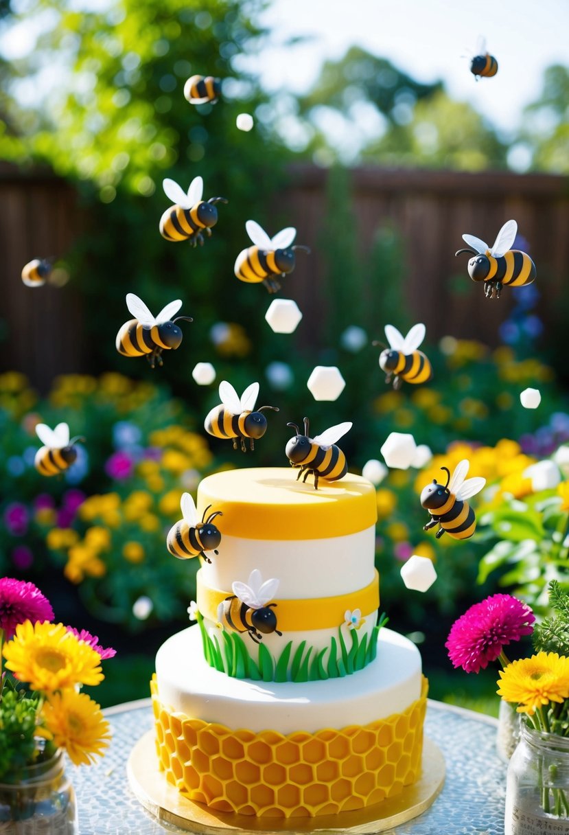 A garden adorned with colorful flowers and buzzing bees, with a whimsical bee-themed cake and honeycomb decorations