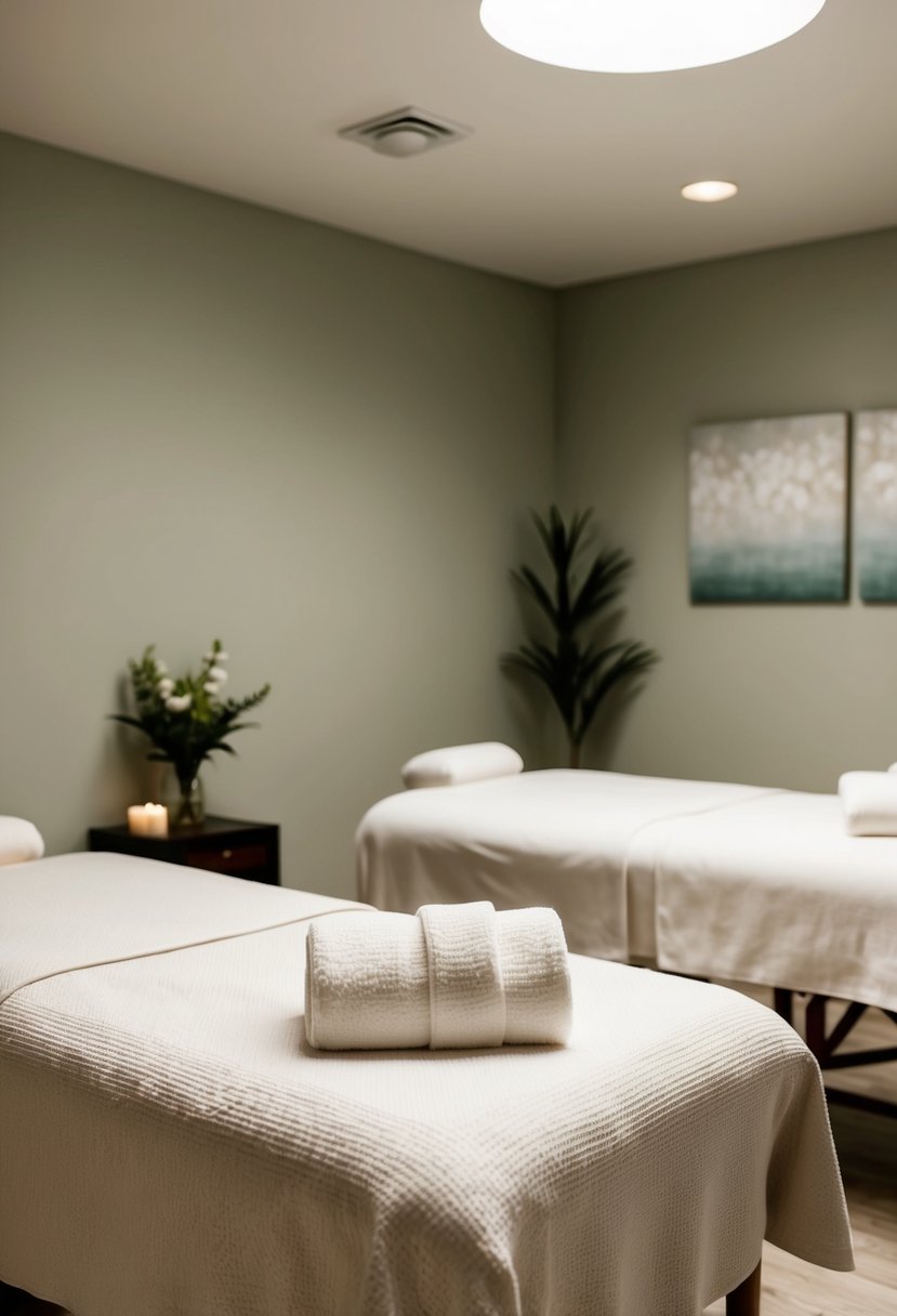 A serene spa room with two massage tables, soft lighting, and calming decor