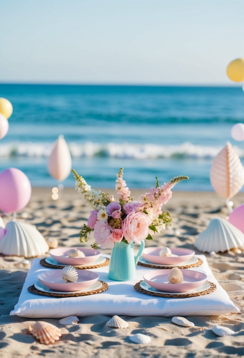 A beachside picnic with pastel decor, floral arrangements, and seashell accents. A serene ocean backdrop completes the scene