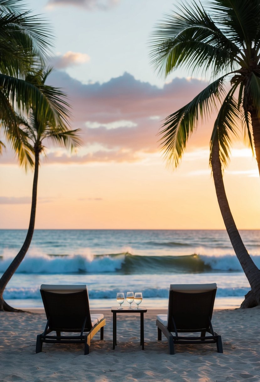 A peaceful beach at sunset, with a couple of lounge chairs and a small table set for two, surrounded by palm trees and the sound of crashing waves