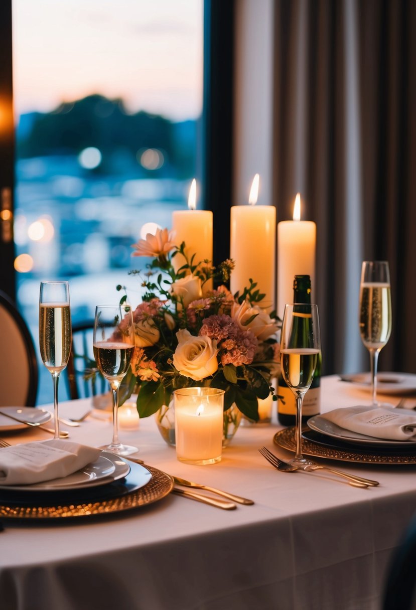 A romantic dinner for two set on a candlelit table with a bouquet of flowers and a bottle of champagne