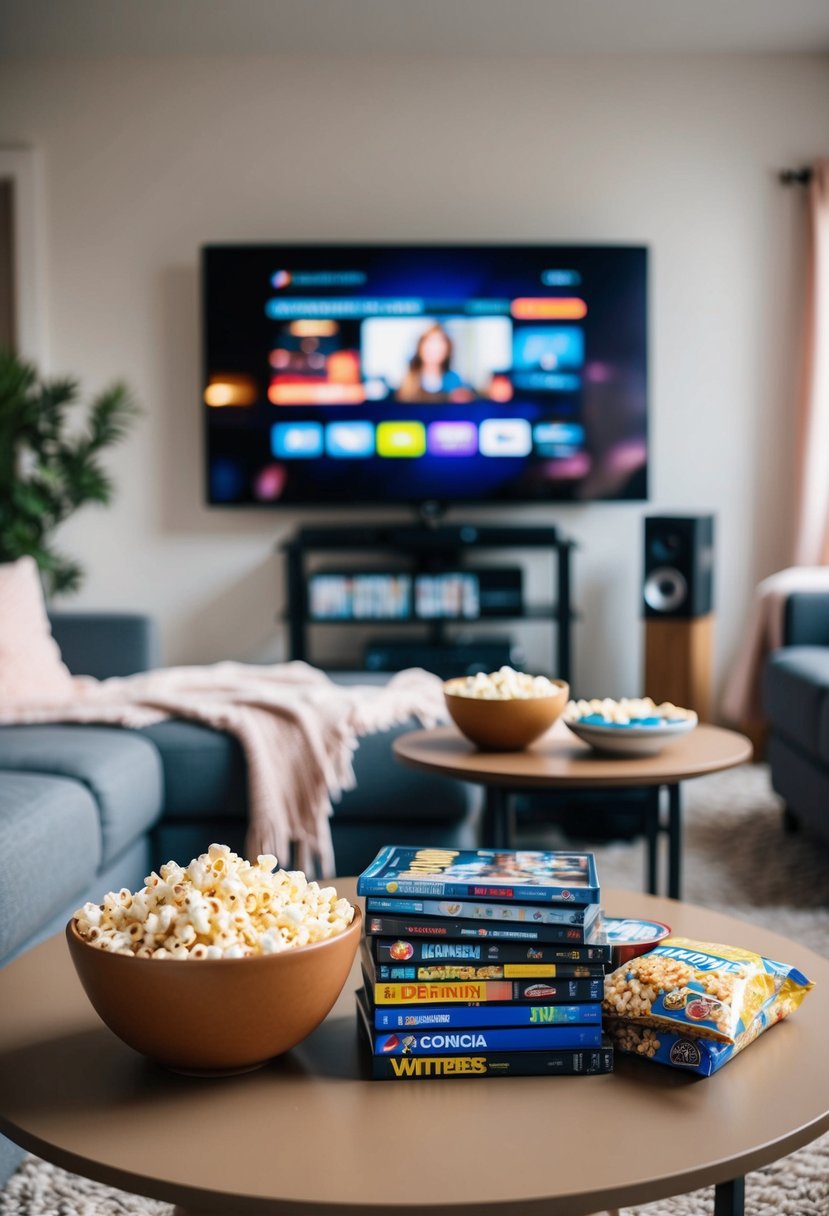 A cozy living room with a big screen TV, soft blankets, and a pile of DVDs. A bowl of popcorn and some snacks sit on the coffee table