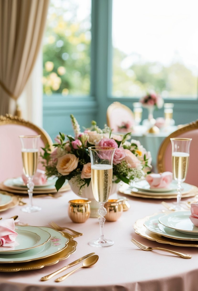 A vintage tea party with pastel table settings, floral centerpieces, and elegant champagne glasses