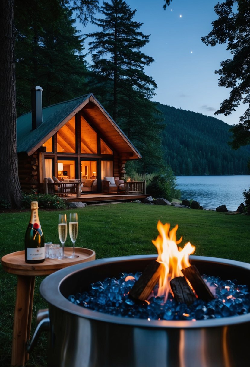 A cozy cabin nestled in a lush forest, with a crackling fire, champagne on ice, and a scenic view of a tranquil lake