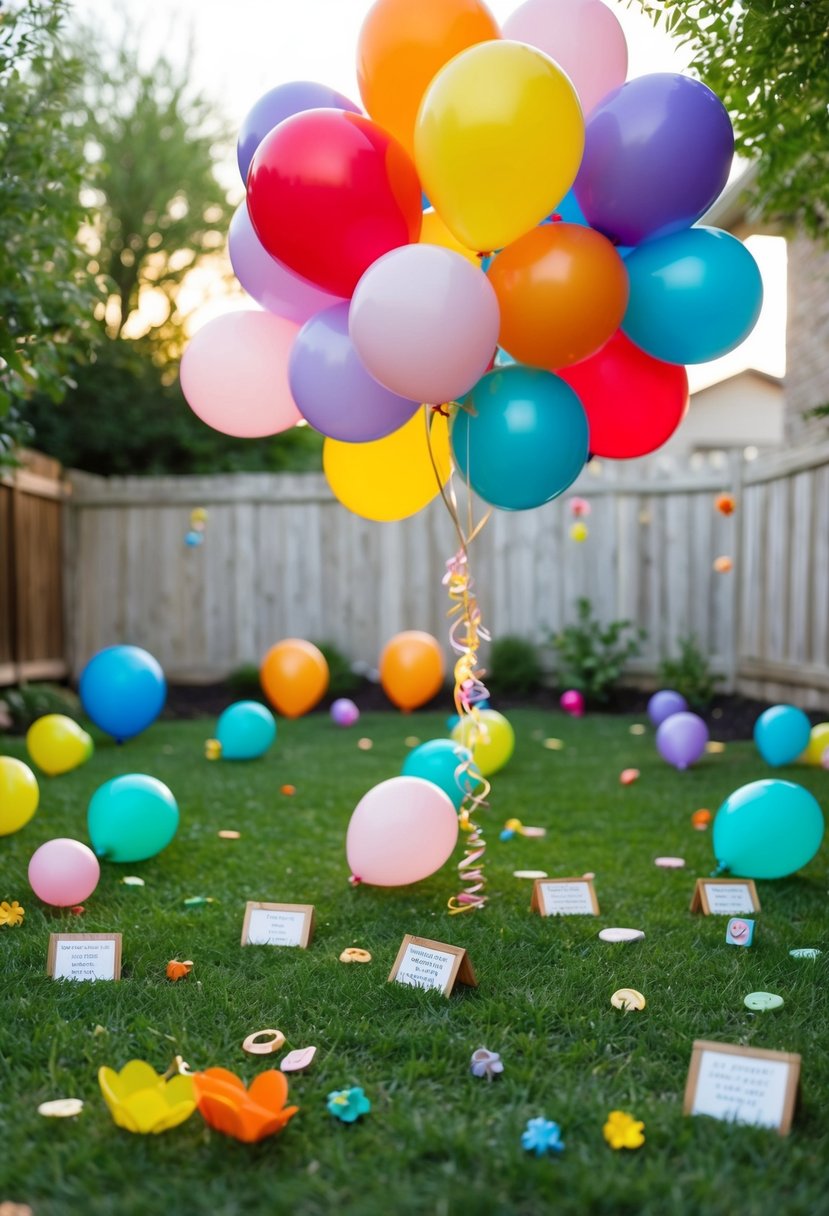 A backyard filled with colorful balloons, hidden clues, and small trinkets scattered around for a DIY scavenger hunt 29th wedding anniversary celebration