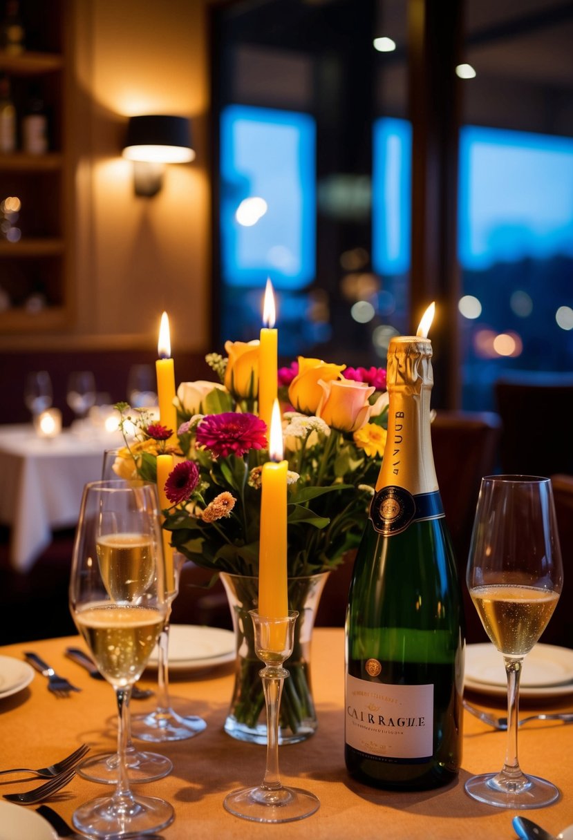 A candlelit dinner at a cozy restaurant, with a bouquet of flowers and a bottle of champagne on the table