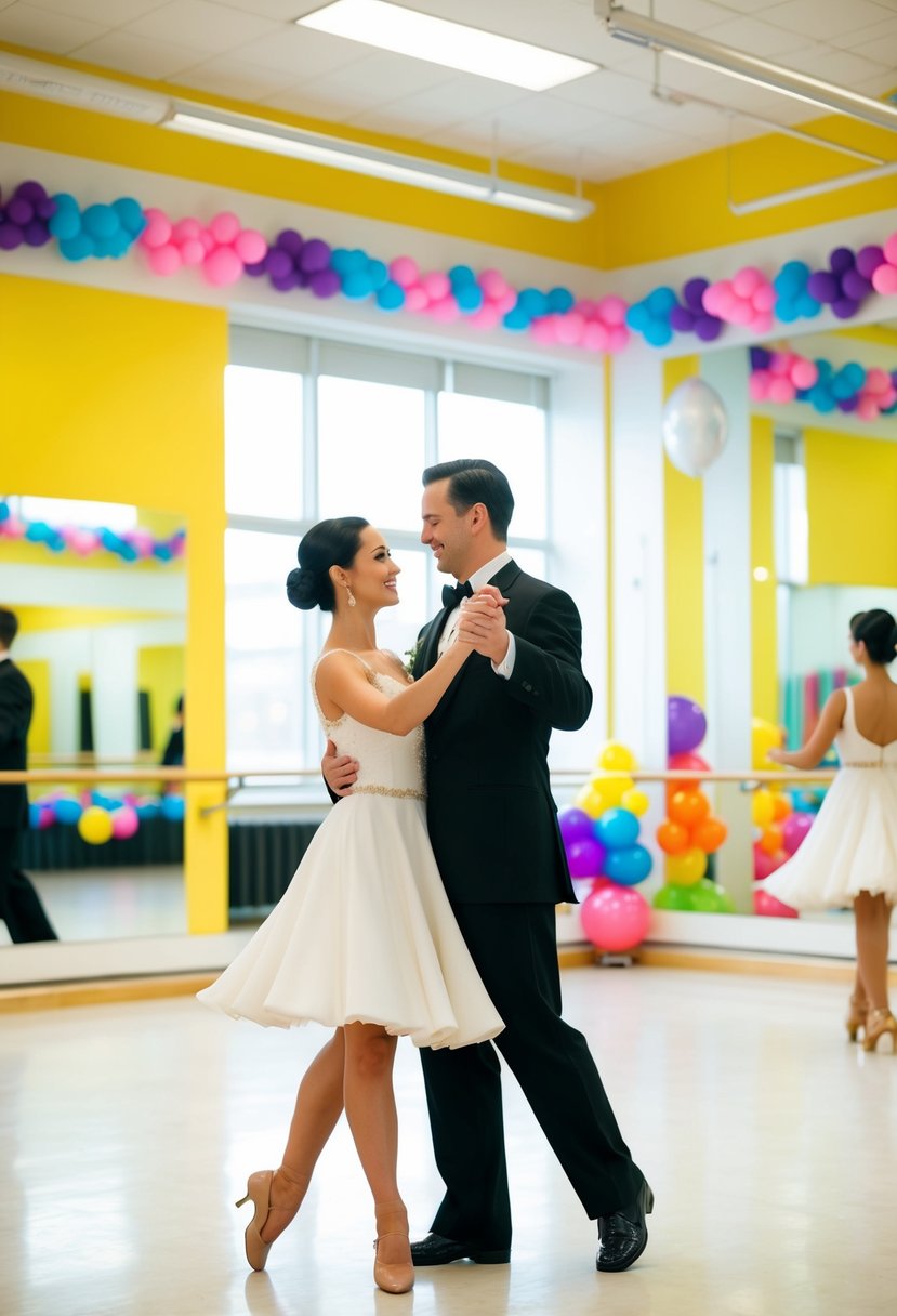 A couple gracefully waltzing in a bright, spacious dance studio, surrounded by mirrors and colorful dance-themed decorations