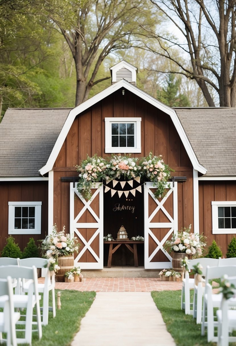 A quaint barn adorned with spring flowers and rustic decor for a wedding shower celebration