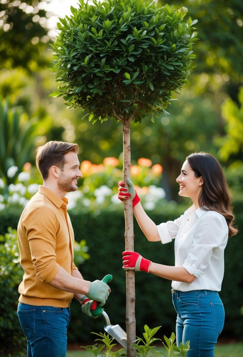 A couple planting a tree together in a lush garden