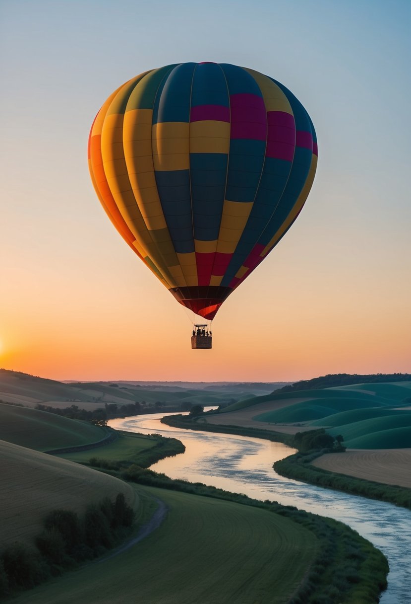 A colorful hot air balloon drifts over a serene landscape of rolling hills and a sparkling river, with the sun setting in the distance