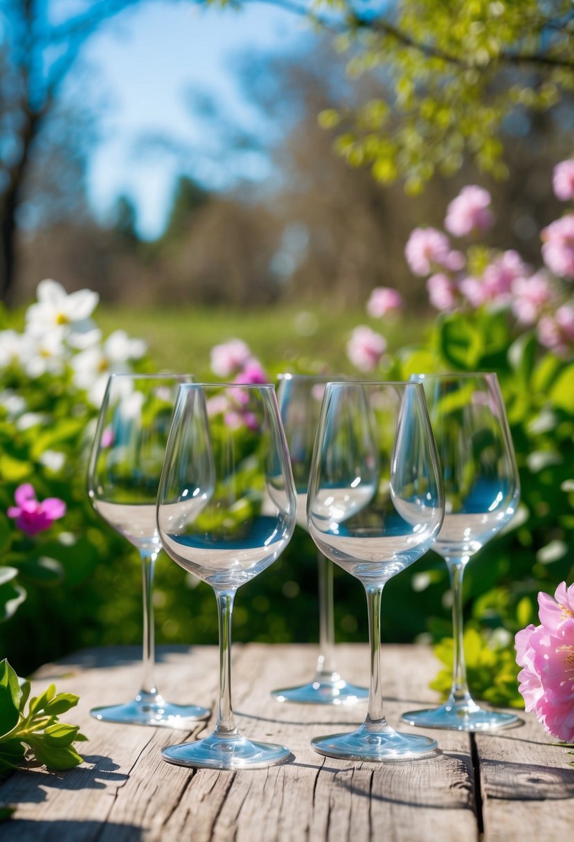 A group of wine glasses on a rustic wooden table, surrounded by blooming flowers and greenery under a bright spring sun