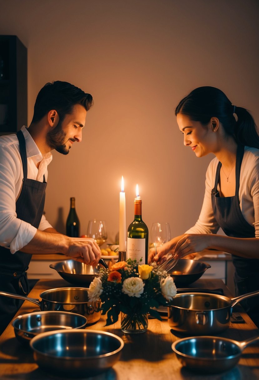 A couple prepares a candlelit dinner, surrounded by pots and pans, with a bottle of wine and a bouquet of flowers on the table