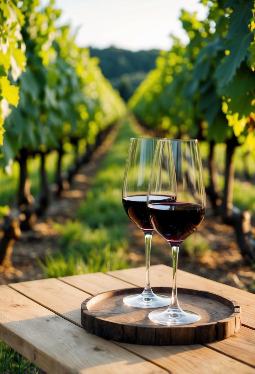 A cozy vineyard setting with rows of grapevines, a rustic wooden tasting table, and two elegant wine glasses filled with deep red wine