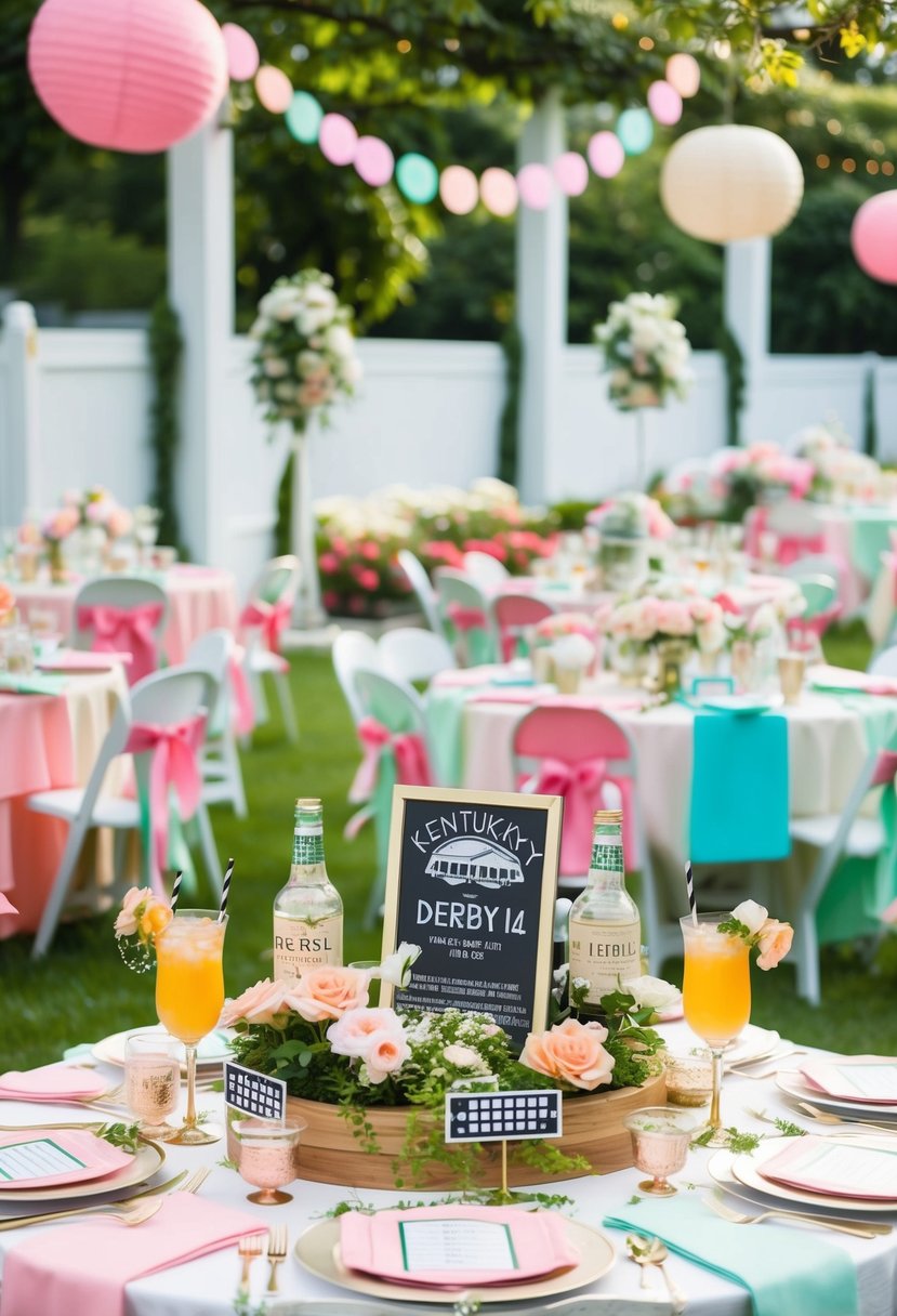 A garden party with pastel decor, floral centerpieces, and mint julep cocktails. A horse race betting station adds excitement to the Kentucky Derby theme