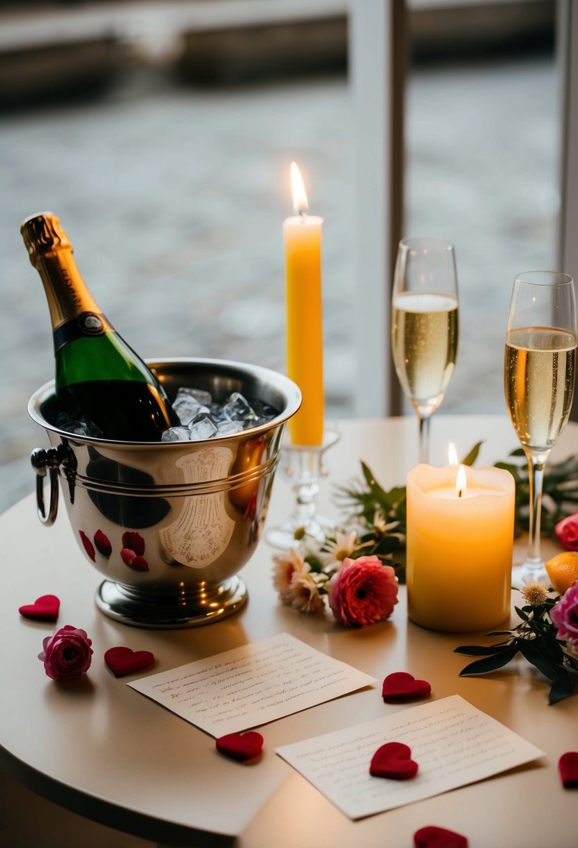 A table set for two with candles, flowers, and love letters scattered on the surface. A bottle of champagne sits chilling in an ice bucket nearby