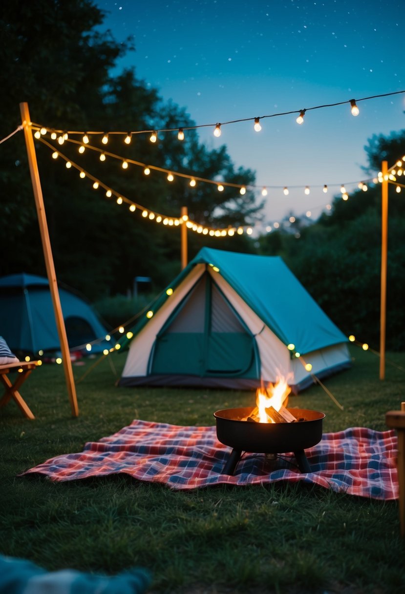 A cozy backyard campsite with a tent, string lights, a crackling fire pit, and a picnic blanket under the stars