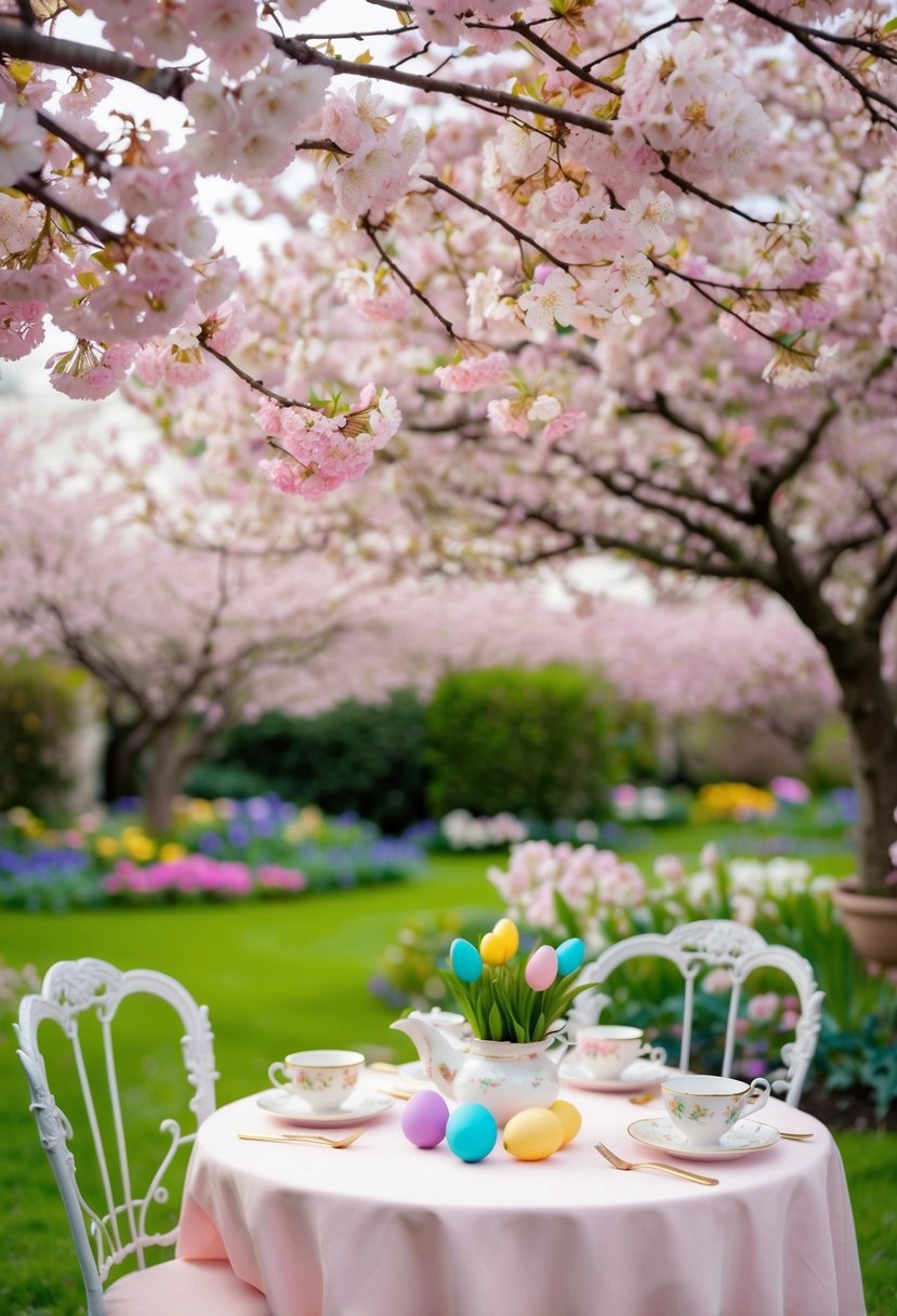 A garden adorned with pastel flowers, a table set with delicate tea cups and colorful Easter eggs, and a canopy of blooming cherry blossoms overhead