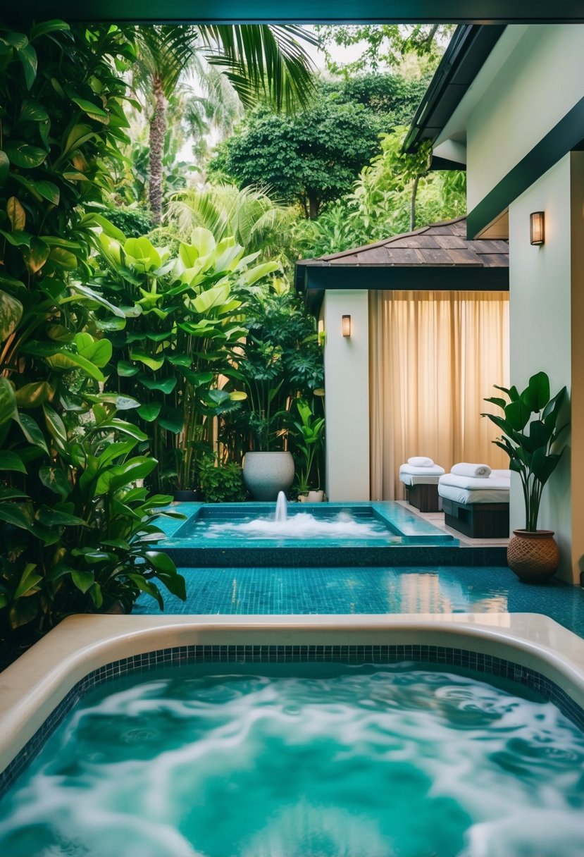 A tranquil spa with lush greenery, a bubbling hot tub, and serene massage rooms