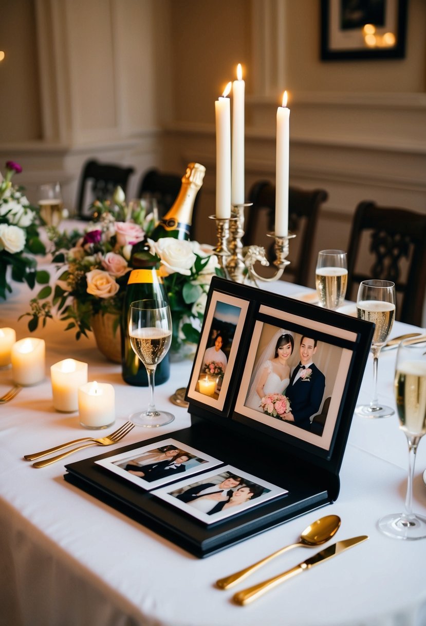 A beautifully set dining table with candles, flowers, and a bottle of champagne. A photo album is open, displaying pictures of the couple over the years