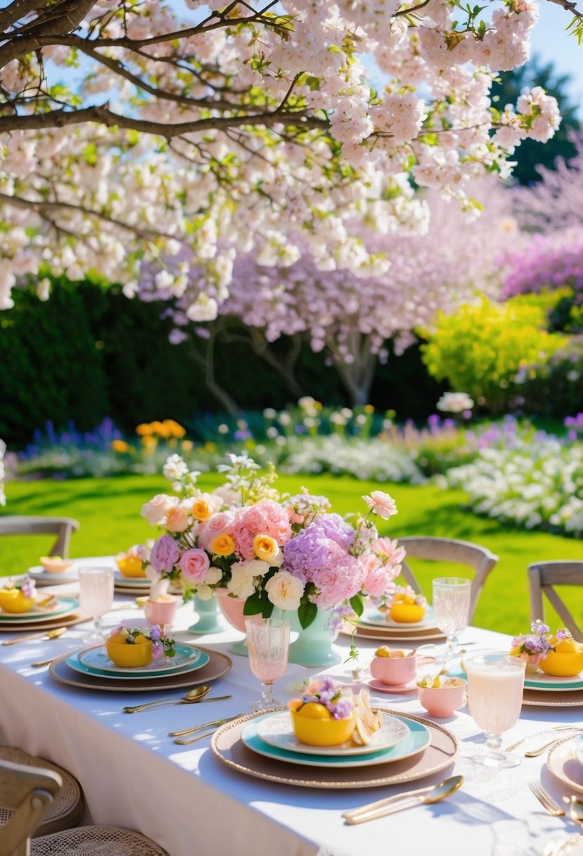 A sunny garden adorned with pastel flowers, delicate table settings, and a charming brunch spread under a canopy of blooming trees