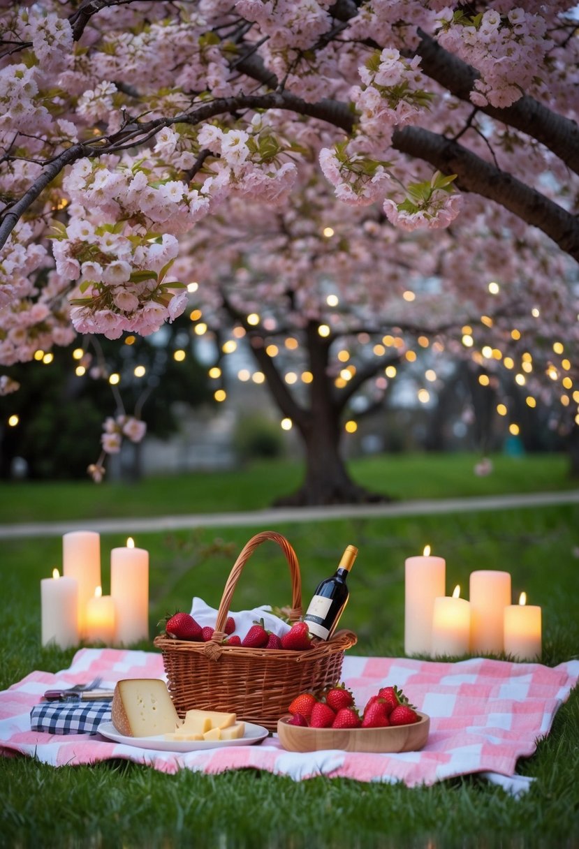 A picnic blanket spread out under a blooming cherry blossom tree, with a basket of wine, cheese, and strawberries, surrounded by flickering candles and fairy lights