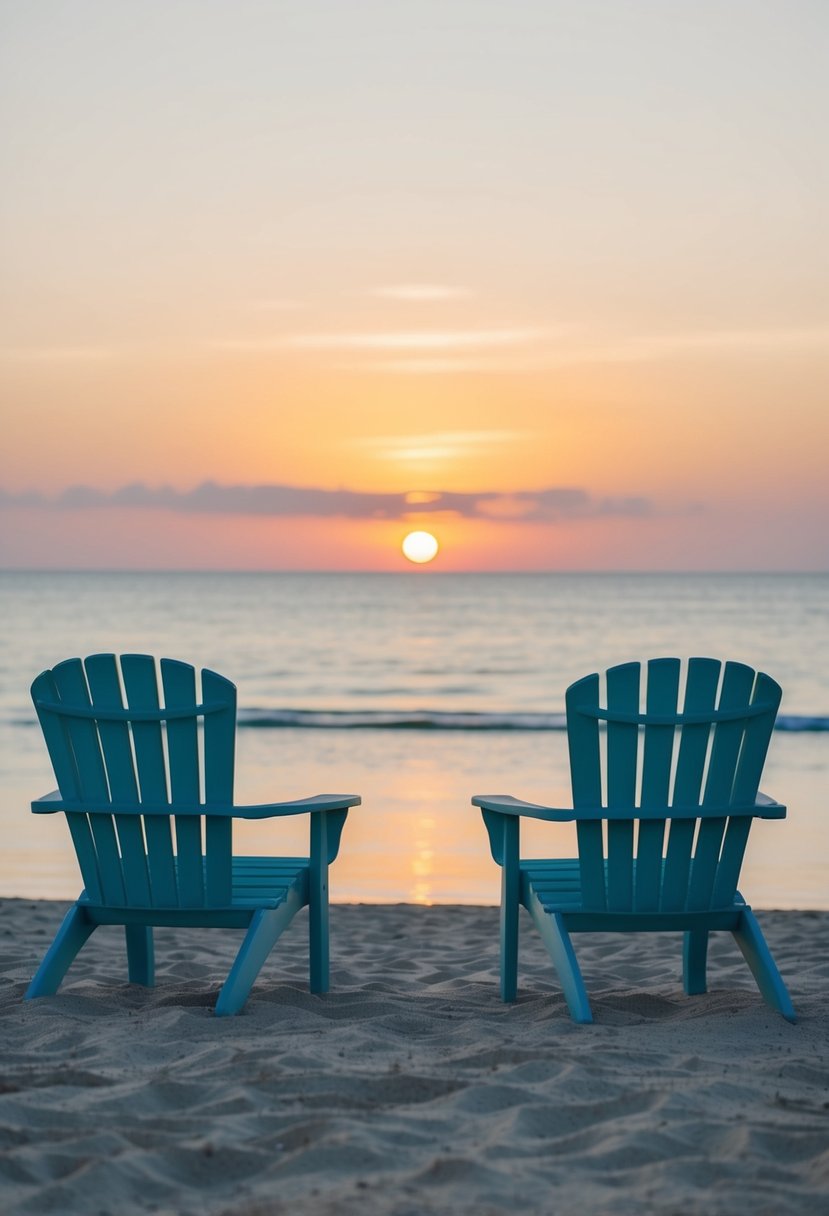 A tranquil beach with two chairs facing the horizon, the sun rising over the calm ocean, casting a warm glow on the sand