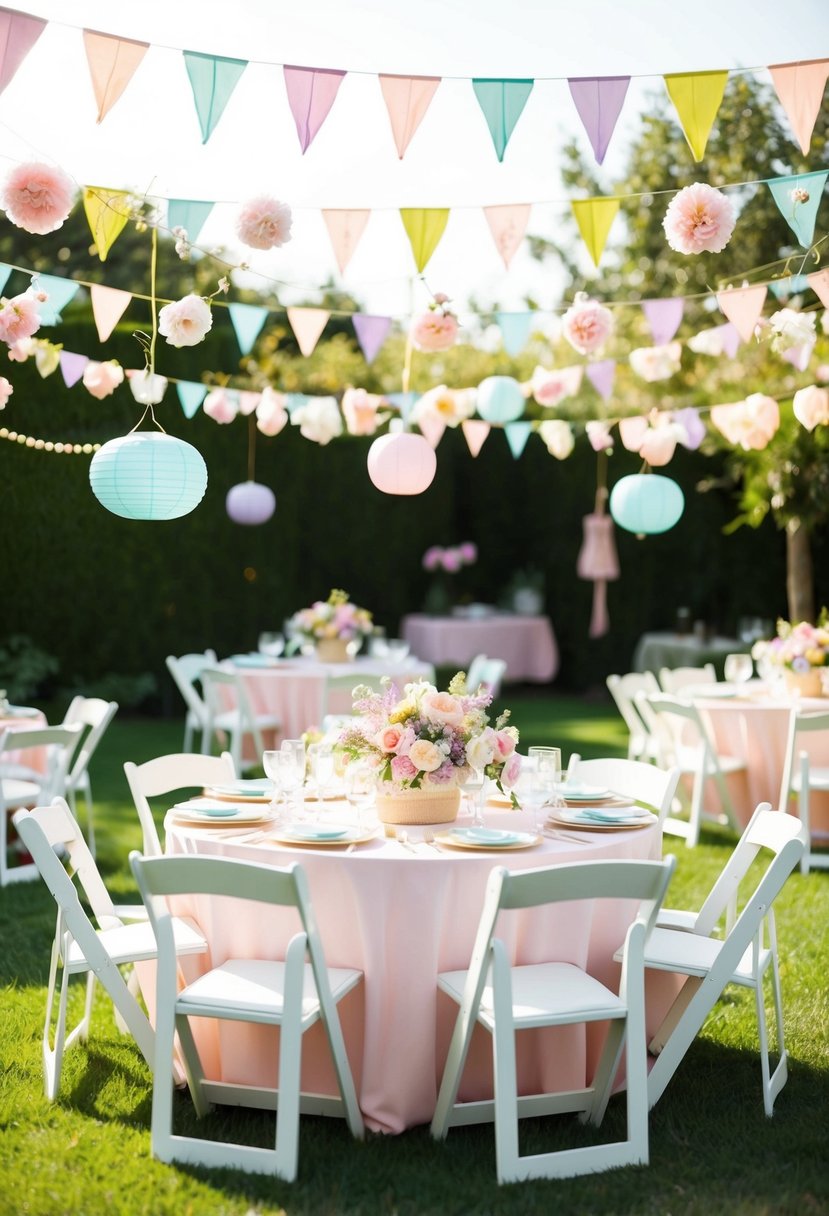 A garden party with pastel flowers, hanging lanterns, and a whimsical fairytale-themed decor