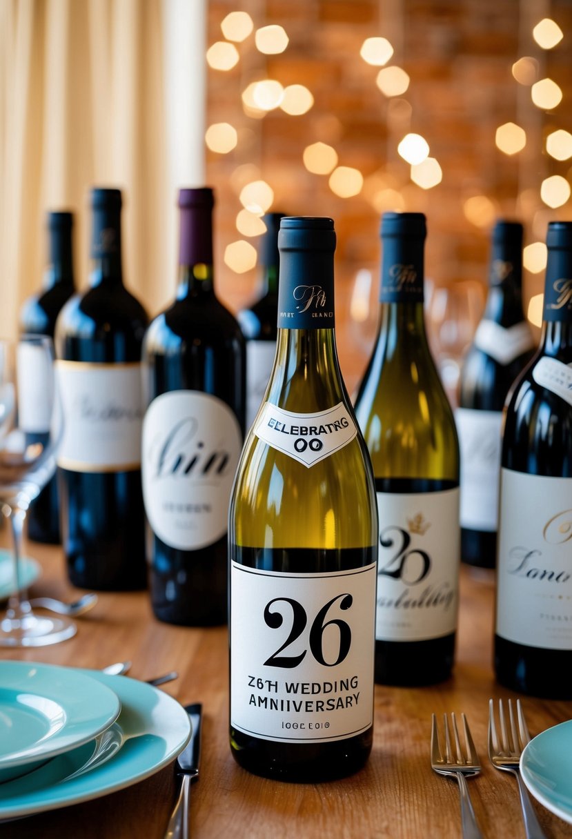 A table set with various wine bottles, each adorned with unique, personalized labels celebrating a 26th wedding anniversary