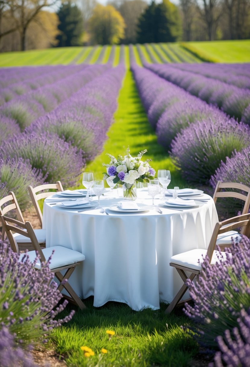 A serene lavender field with a table set for a wedding shower, surrounded by blooming flowers and a gentle spring breeze