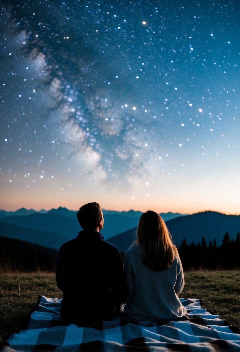 A couple sits on a blanket, gazing up at a sky filled with twinkling stars. A distant silhouette of mountains frames the serene scene