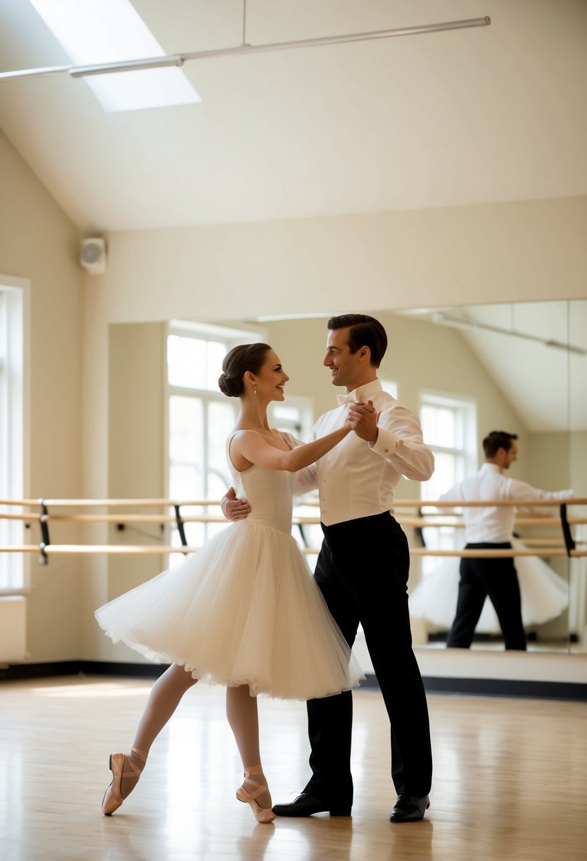 A couple gracefully waltzing in a spacious, sunlit dance studio, surrounded by mirrors and ballet barres, as their instructor guides them through elegant movements