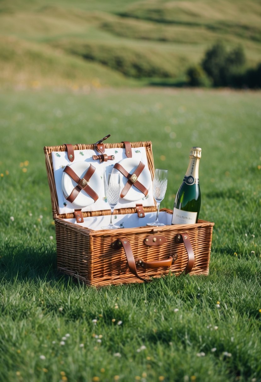 A picnic set up on a grassy field with a vintage picnic basket, a bottle of champagne, and two crystal glasses